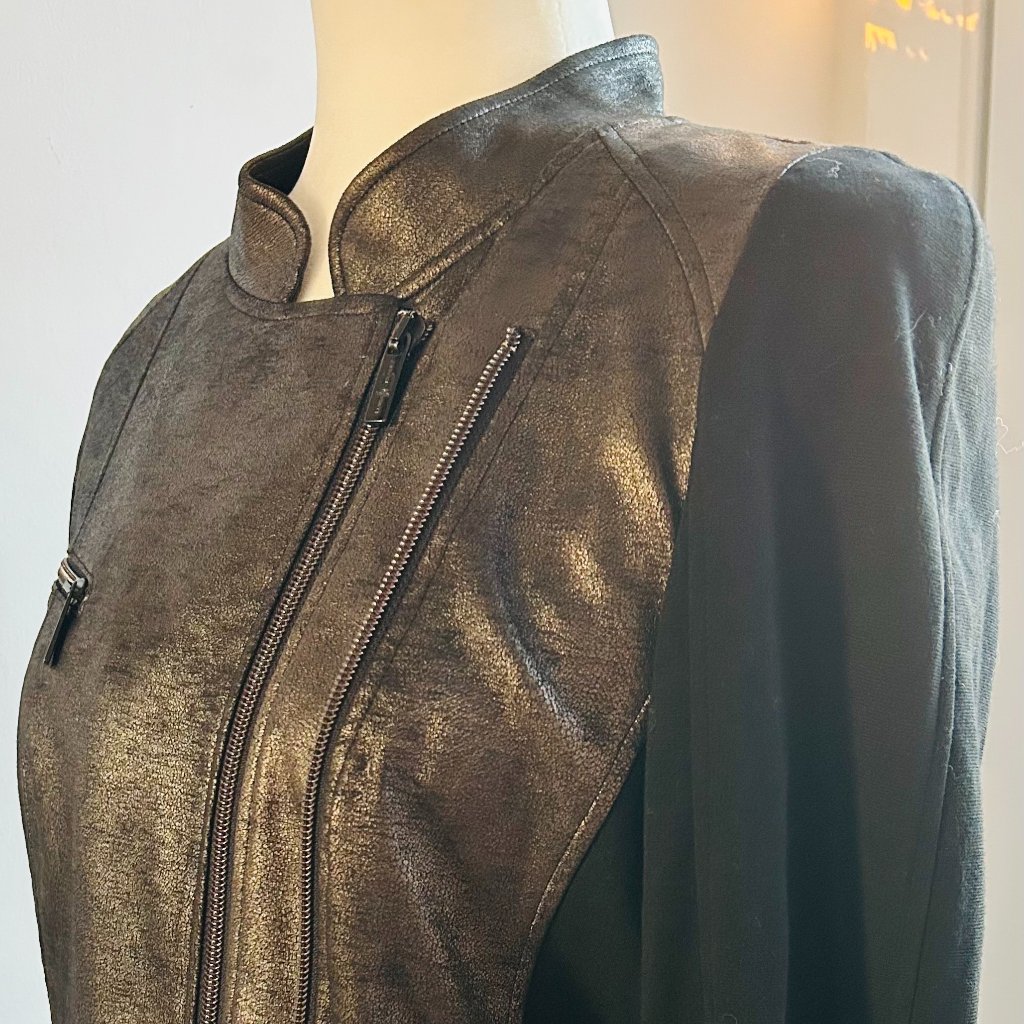 Luisa Cerano Bronze Graphite Metallic Sculpted Moto Jacket W/ Double-Zip Us Xs
